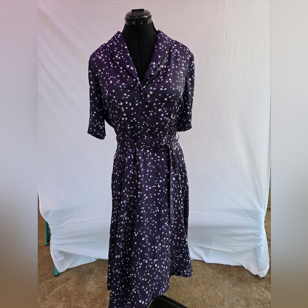 Elise Designs Dark Purple Floral Satin Dress with Pockets US Sz 8